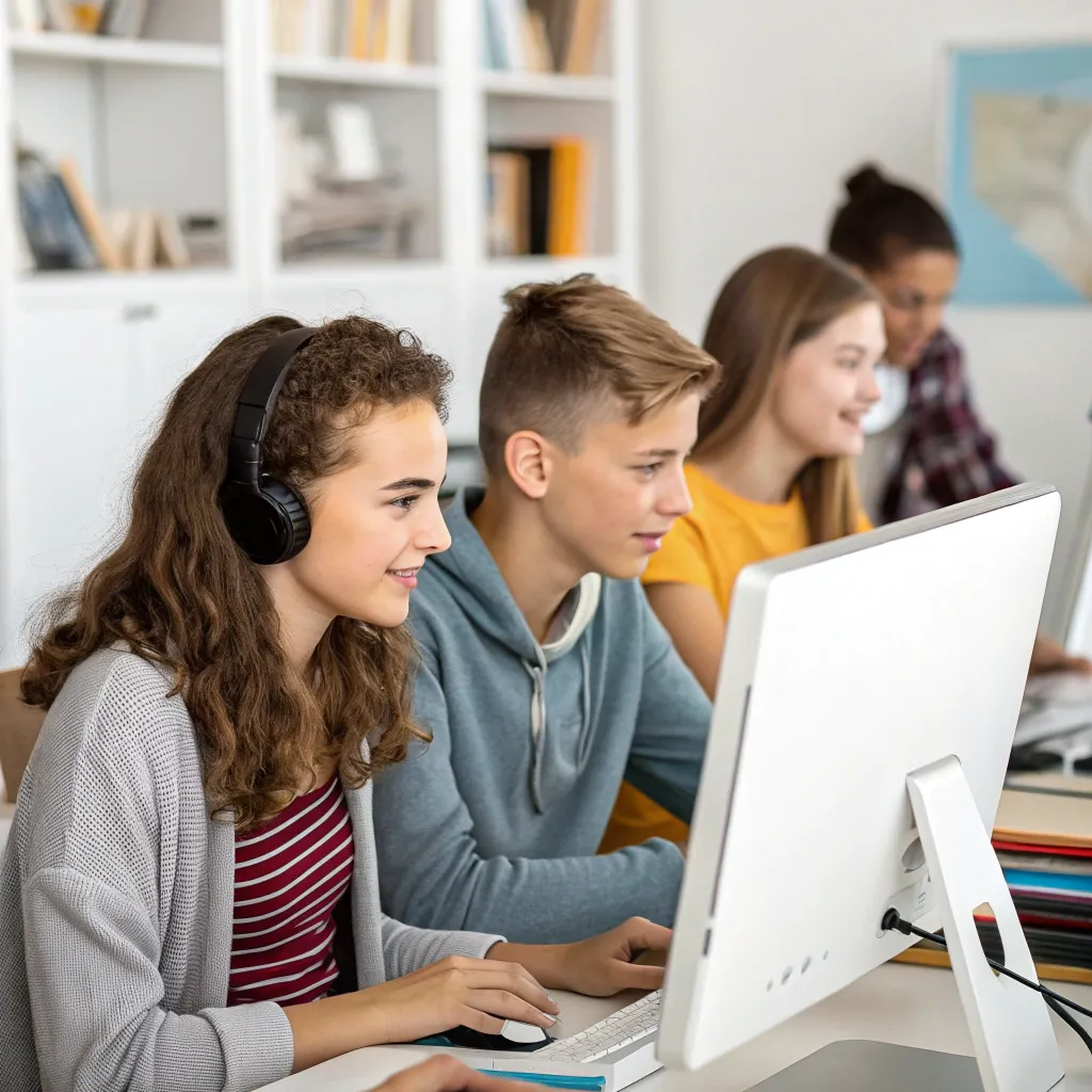 Students attending an online language class